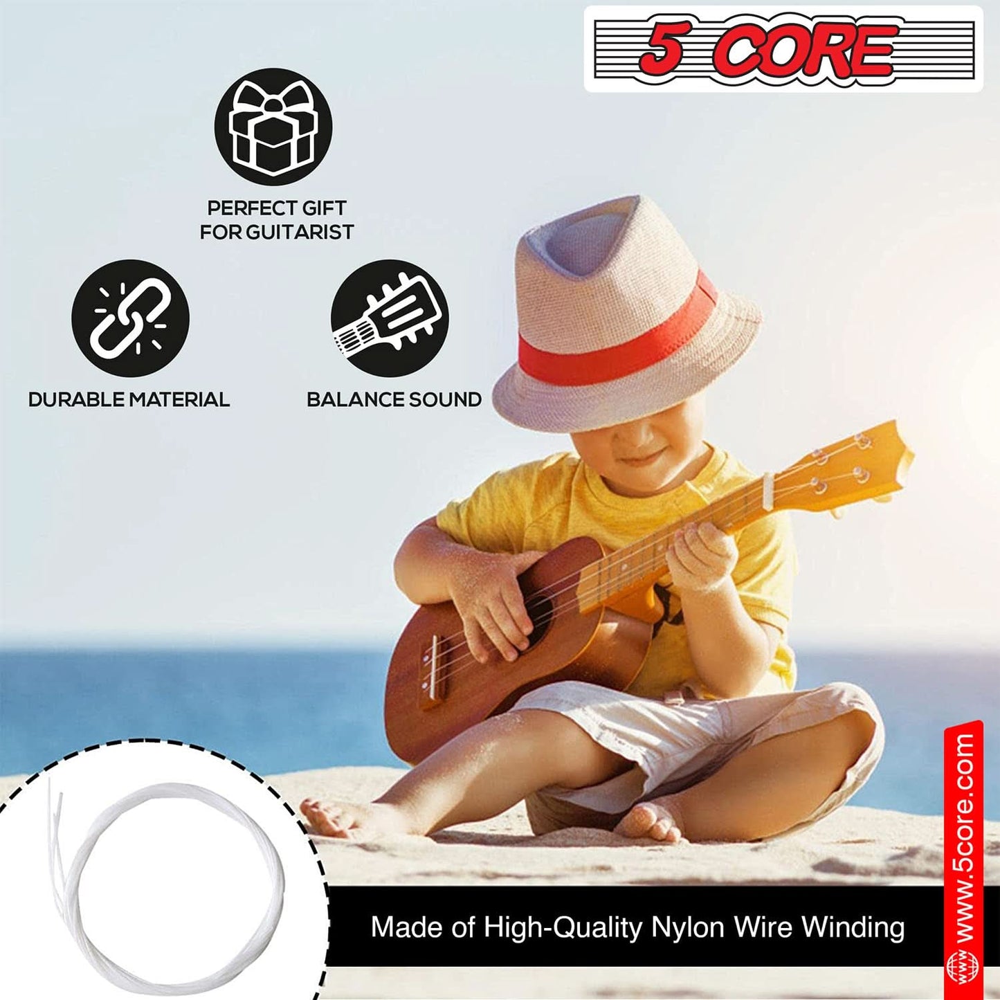 5Core Ukulele Strings Nylon w Deep Bright Tone Consistent Reliable