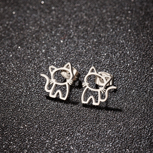 1 Pair Cute Cat Stainless Steel Stud Earrings for Mens Womens Punk