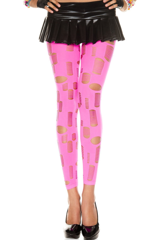 Music Legs 35472-NEONPINK Tattered & Cut Out Leggings - Neon Pink