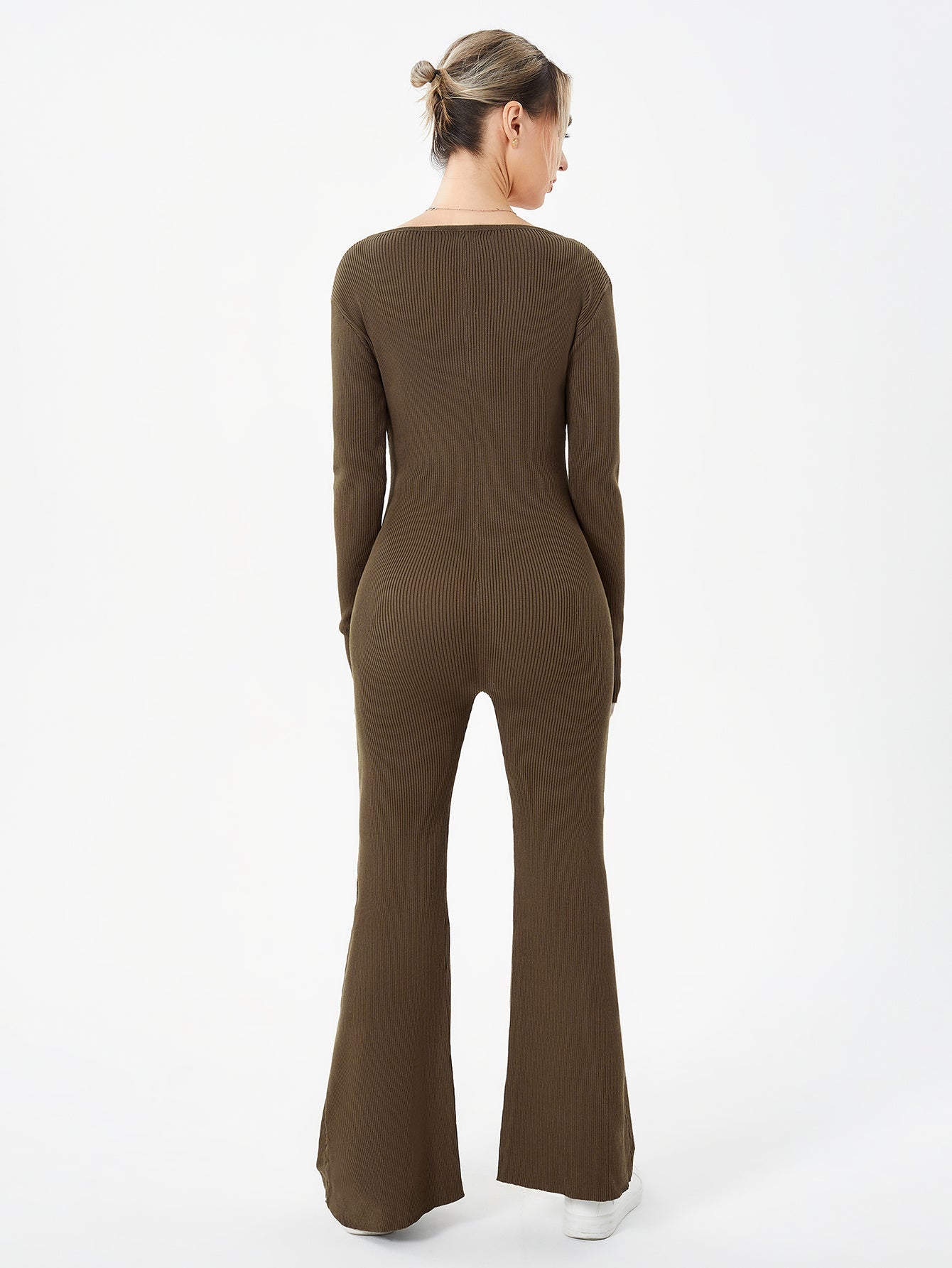 Zippered Round Neck Flared Trousers