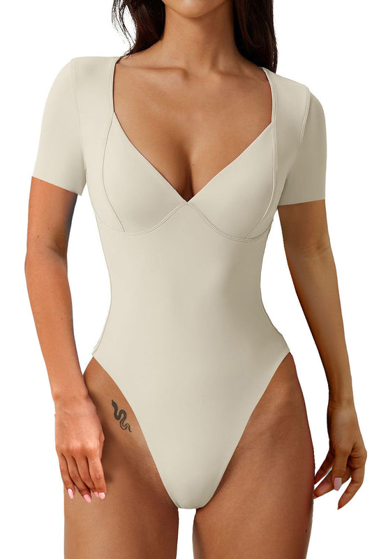 Women's Short Sleeve Bodysuit V Neck Body Suits Seamed Cup Going Out