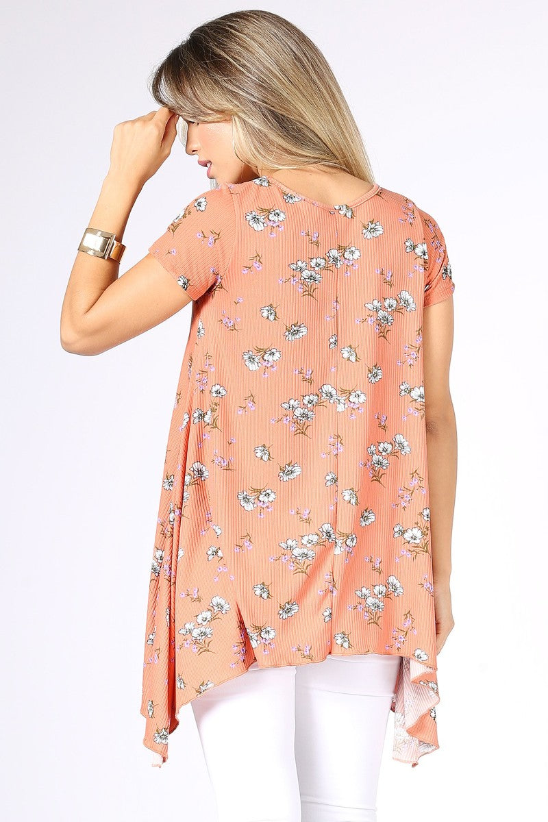 Floral Print Asymmetrical Tunic with Short Sleeve