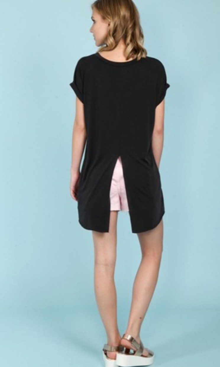 Short Sleeve Back Slit Cupro Top With Rolled Sleeves