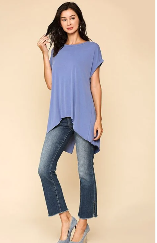 Short Sleeve Back Slit Cupro Top With Rolled Sleeves