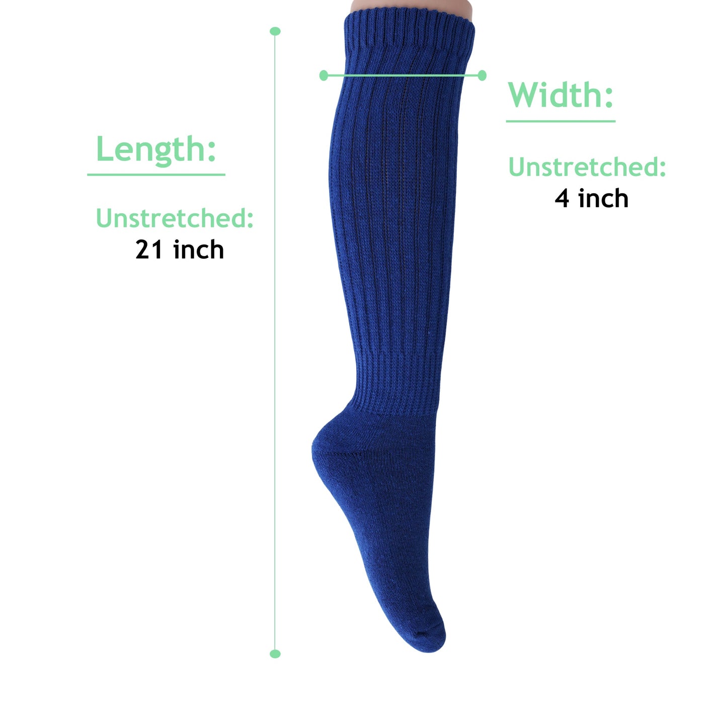 Royal Blue Slouch Socks for Women Cotton Knee High Shoe Size 5 to 10