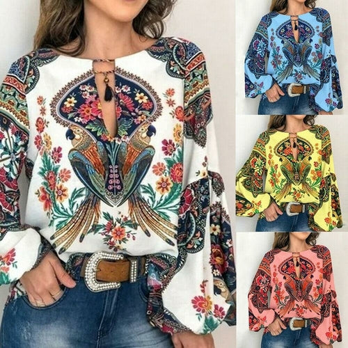 blouse for women work casual Floral V-Neck Long Lantern Sleeve