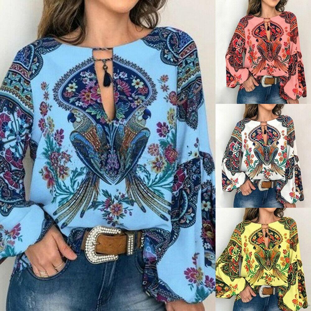 blouse for women work casual Floral V-Neck Long Lantern Sleeve