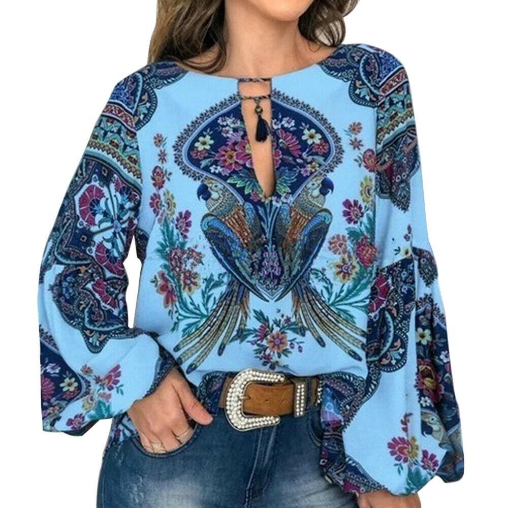 blouse for women work casual Floral V-Neck Long Lantern Sleeve