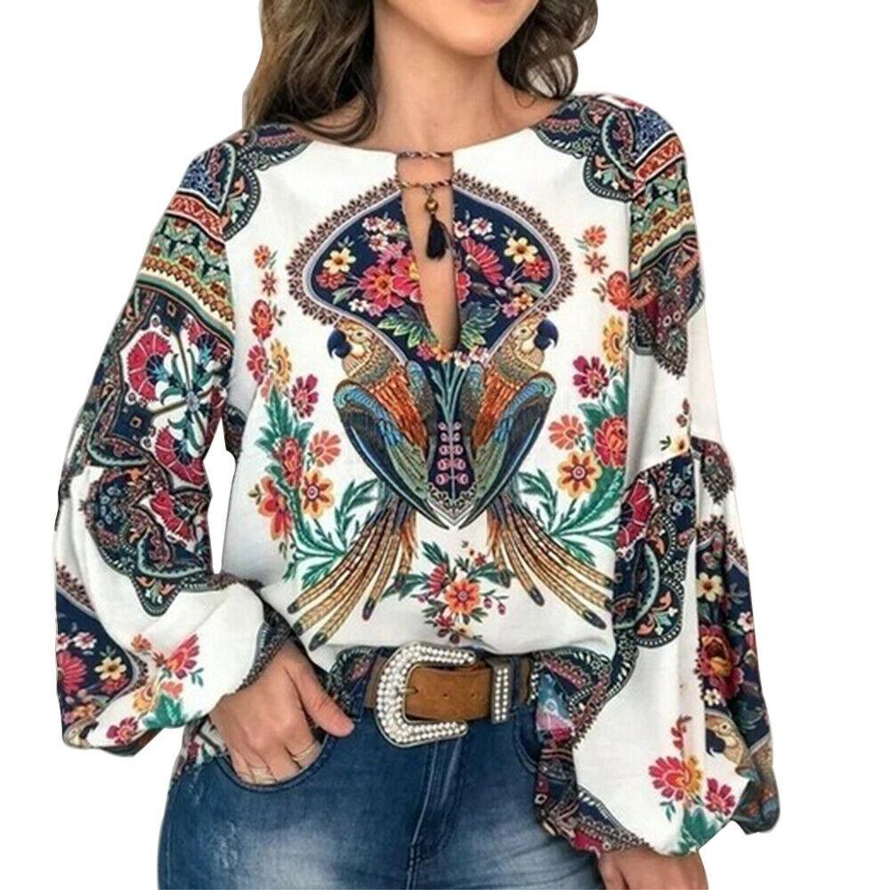 blouse for women work casual Floral V-Neck Long Lantern Sleeve