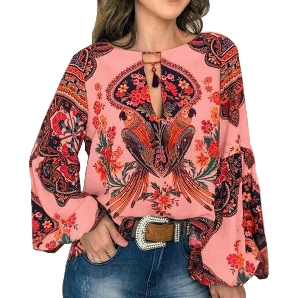 blouse for women work casual Floral V-Neck Long Lantern Sleeve