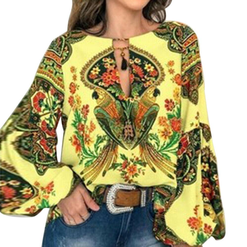 blouse for women work casual Floral V-Neck Long Lantern Sleeve