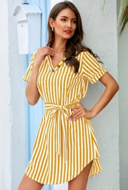 Mustard Striped Shirt Dress